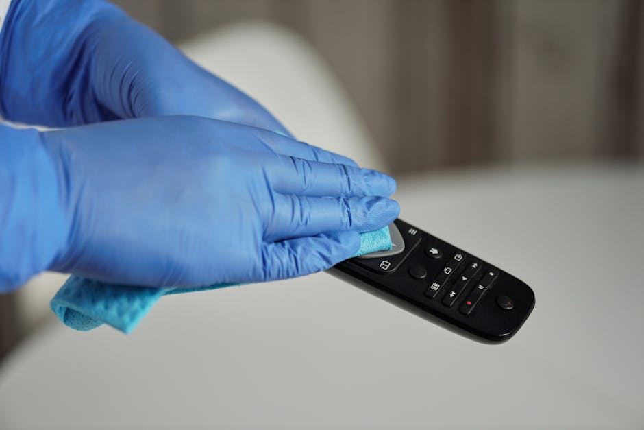 A person wearing blue disposable gloves is using a light blue cleaning cloth to wipe and sanitize the remote control of an electronic device placed on a white surface, with a blurred background sugges